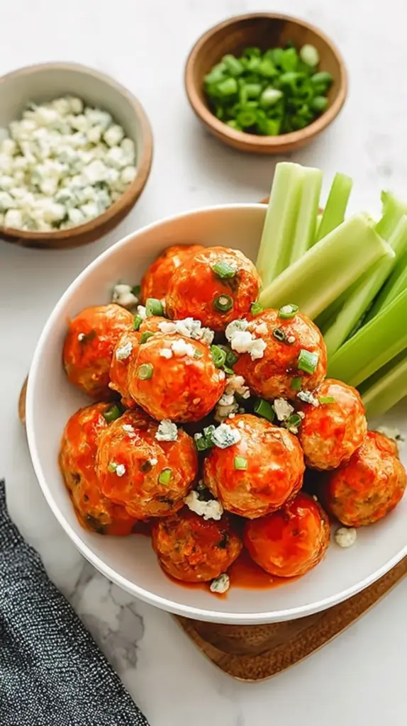 A platter of golden brown chicken meatballs coated in bright orange buffalo sauce with green onions on top.