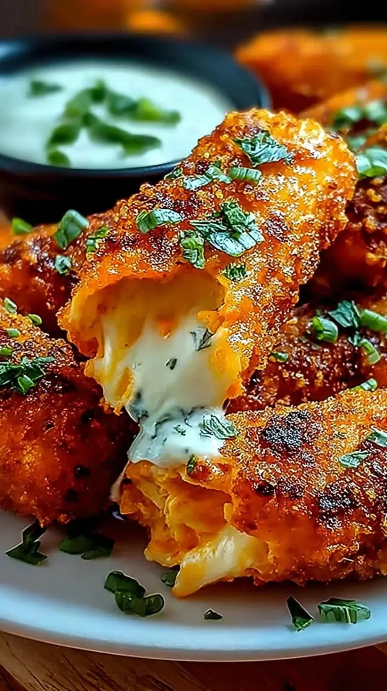 Golden brown buffalo chicken mozzarella sticks on a platter with celery and ranch
