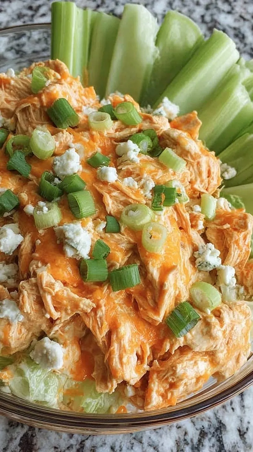 A bowl of shredded buffalo chicken salad served over fresh green leaves with blue cheese crumbles.