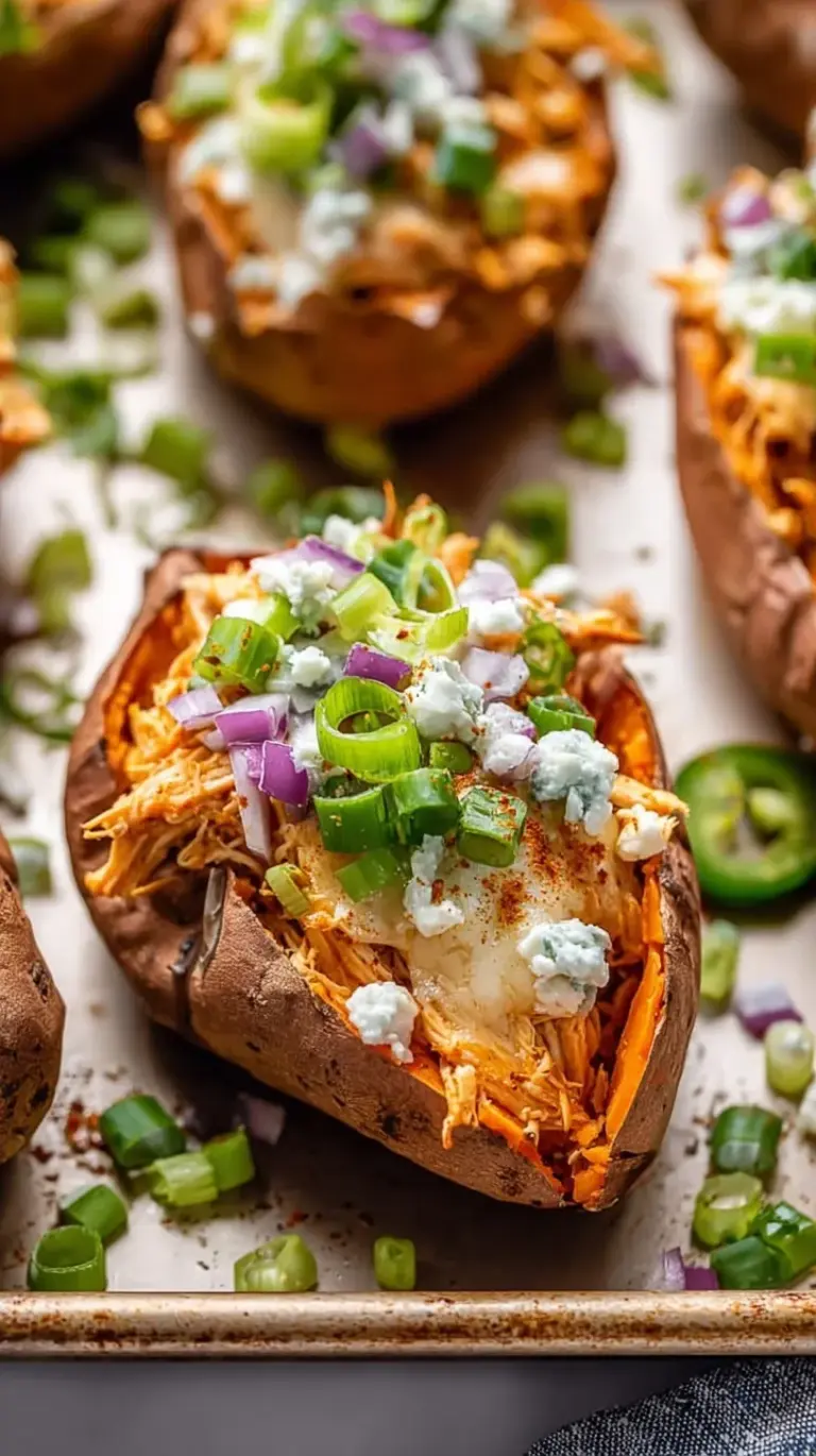Four roasted sweet potatoes stuffed with spicy buffalo chicken and drizzled with ranch dressing.