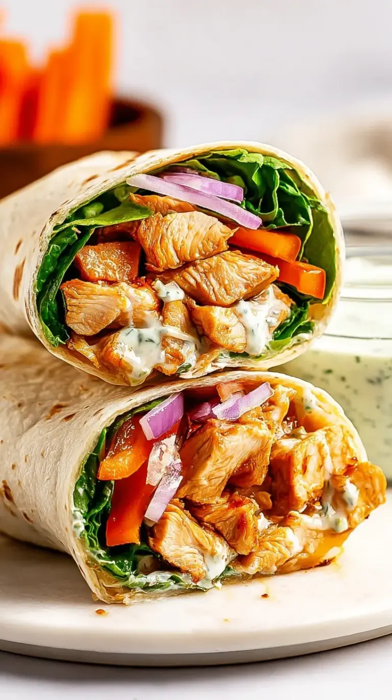 A fresh buffalo chicken wrap sliced diagonally showing spicy chicken and crisp vegetables