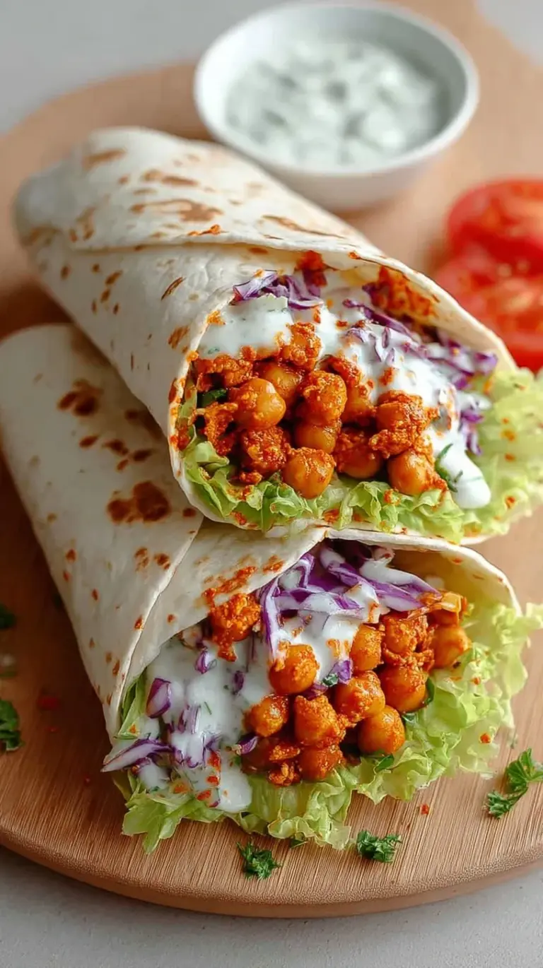 Four buffalo chickpea salad wraps sliced in half and stacked on a white plate with fresh celery