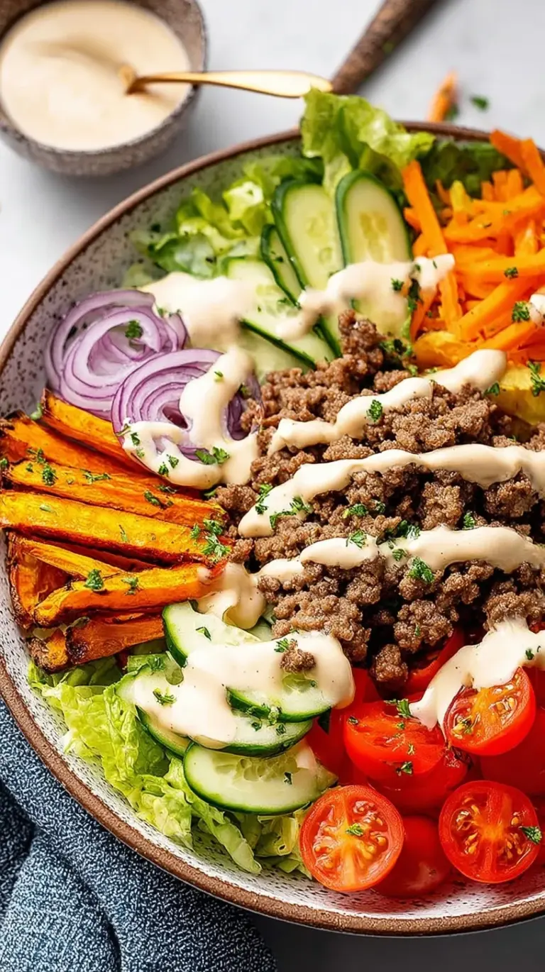 A vibrant bowl filled with seasoned ground beef, shredded lettuce, cheddar cheese, pickles, and a creamy orange sauce drizzle.