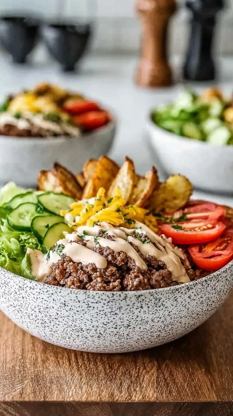 A vibrant glass bowl filled with chopped romaine, seasoned ground beef, cherry tomatoes, and a drizzle of creamy orange special sauce.