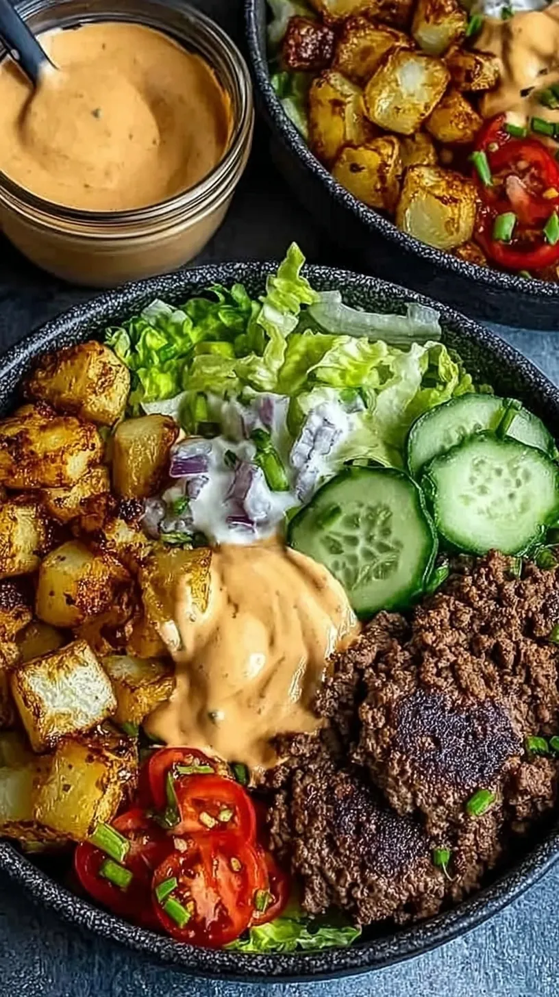 A vibrant glass bowl filled with seasoned ground beef, fresh romaine lettuce, cherry tomatoes, and a drizzle of creamy orange sauce.