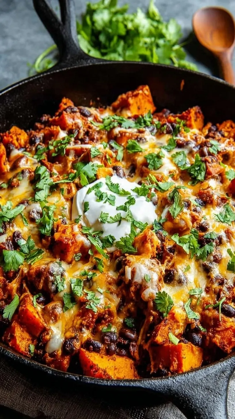 A bubbling one-pan skillet filled with butternut squash, black beans, and melted cheese topped with fresh cilantro.