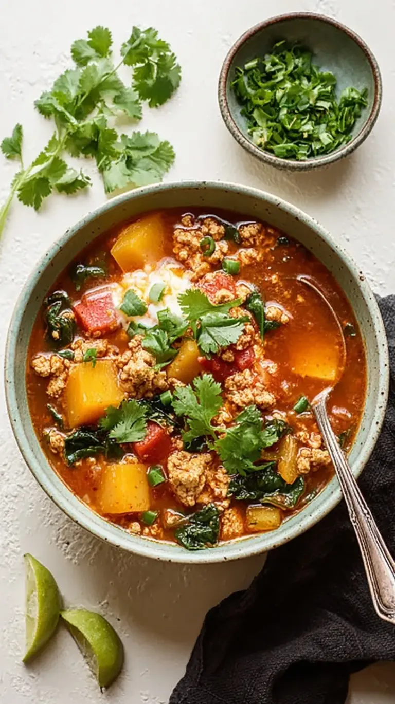 A hearty bowl of butternut squash and turkey chili topped with fresh cilantro and avocado.