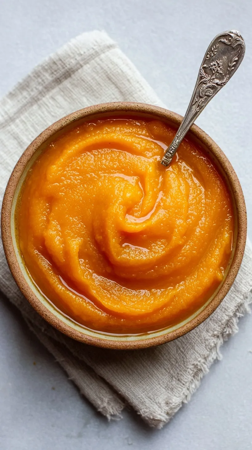 A bowl of smooth, golden butternut squash puree topped with a pinch of nutmeg.