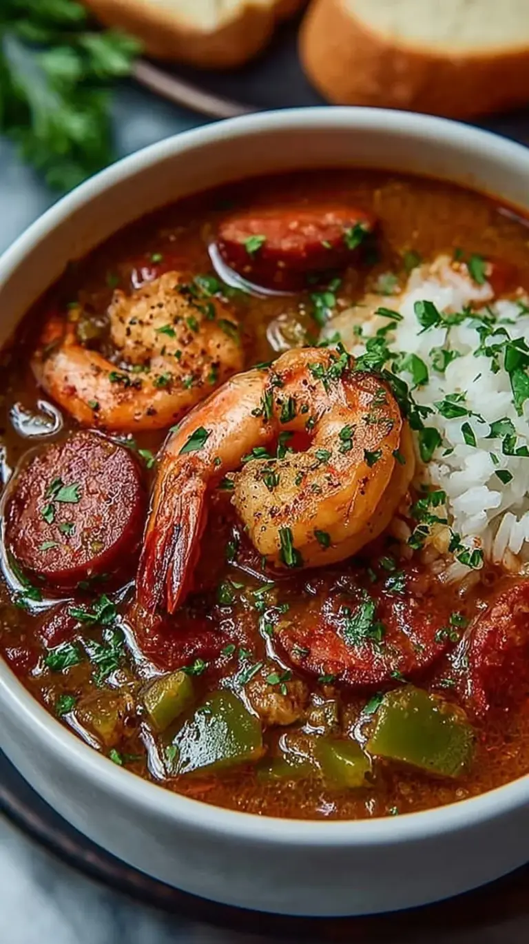 A steaming bowl of Cajun Jambalaya Soup with shrimp, sausage, and green onions in a dark bowl.