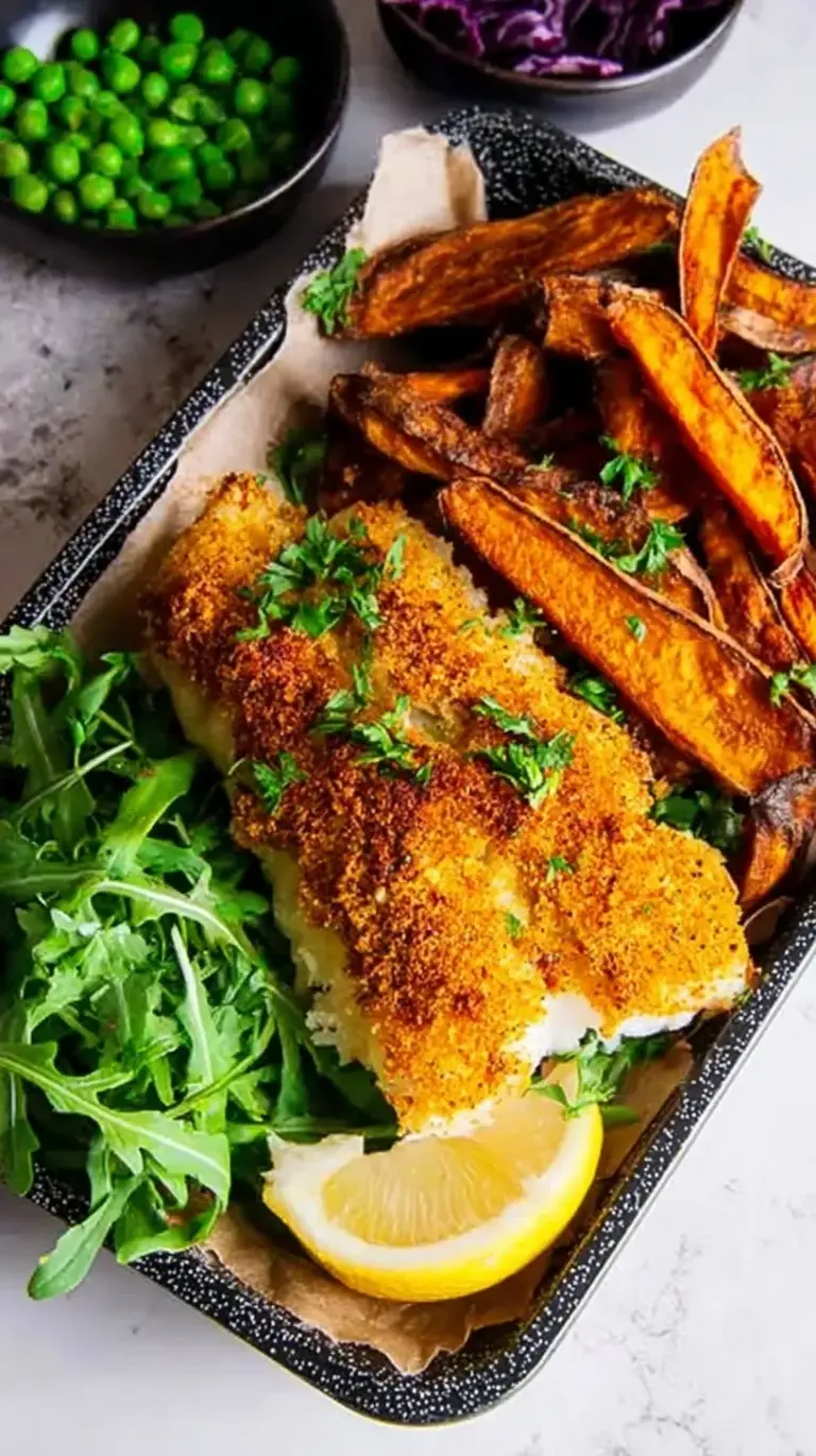 Pan-seared Cajun spiced fish fillet served with golden sweet potato chips and lemon wedges.