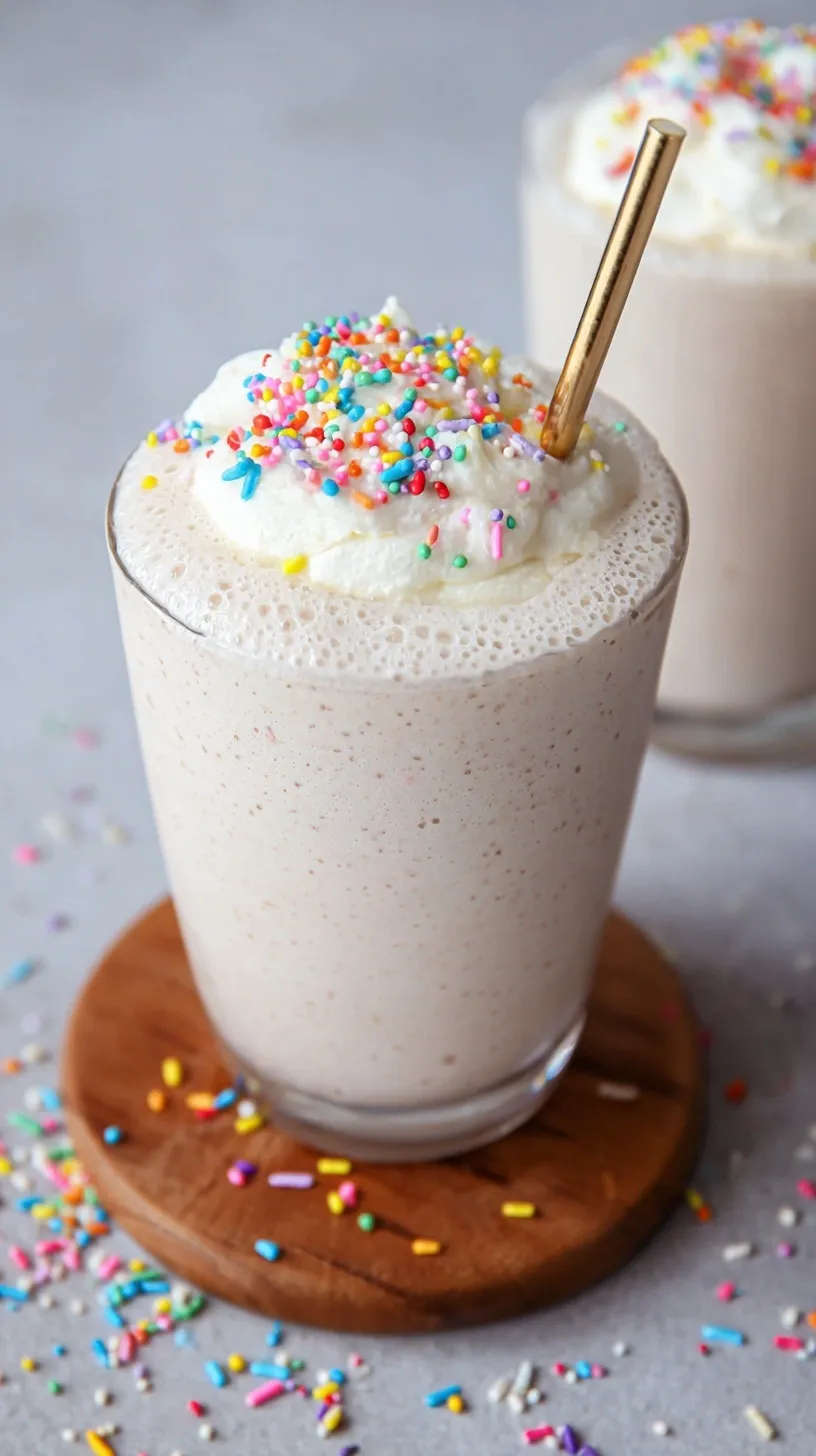 A creamy vanilla protein shake in a glass topped with colorful rainbow sprinkles.