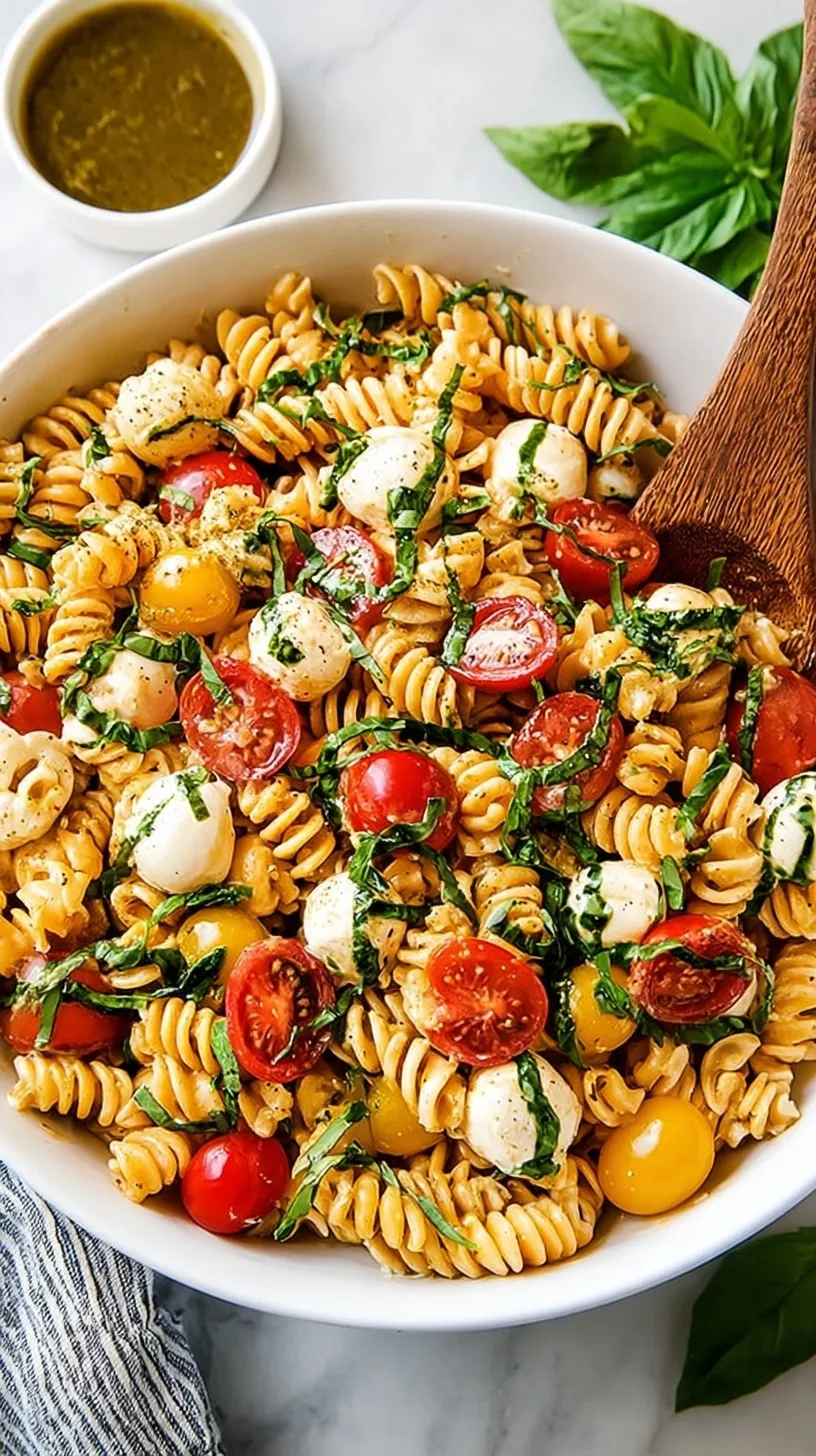 A bowl of caprese pasta salad with rotini, mozzarella pearls, and cherry tomatoes