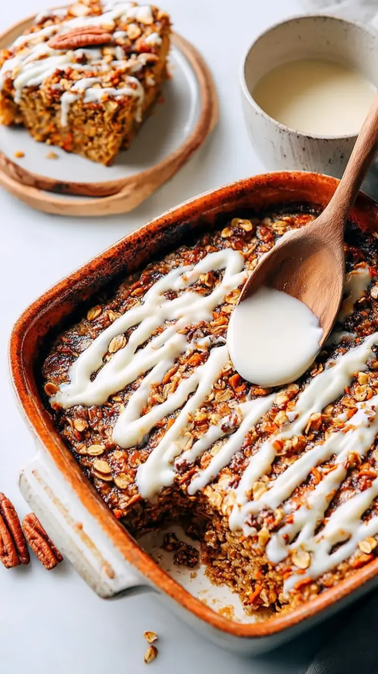A golden brown dish of carrot cake baked oatmeal with walnuts and raisins on a wooden table.