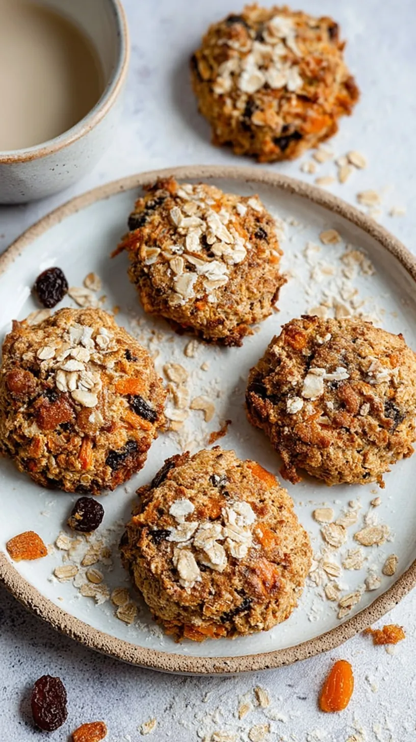 A stack of golden brown carrot cake breakfast cookies with visible grated carrots and walnuts on a cooling rack.