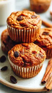A stack of golden carrot raisin muffins on a white plate with fresh carrots in the background.