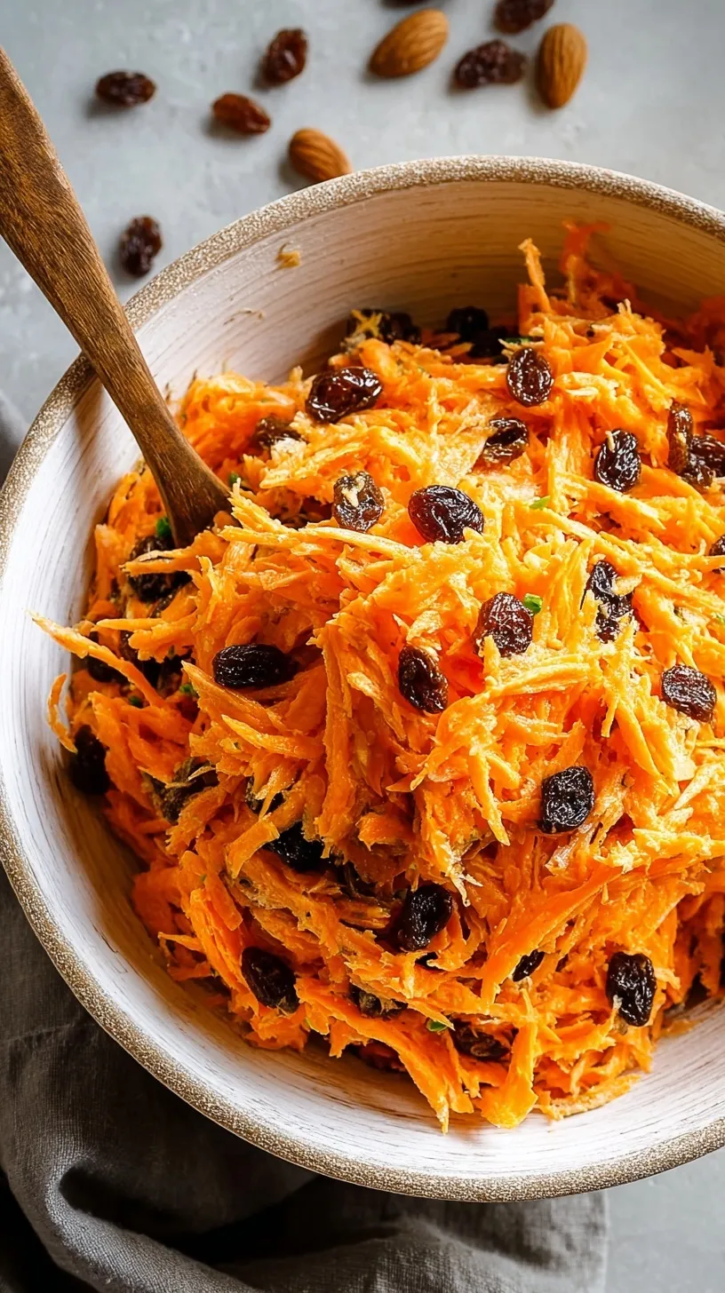 A bright bowl of shredded carrot raisin salad with a creamy dressing and fresh lemon
