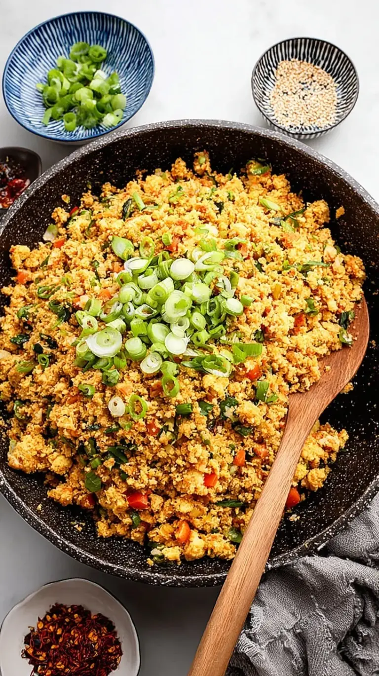 A bowl of colorful cauliflower fried rice with green onions and scrambled eggs