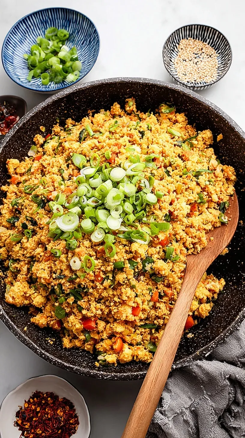 A bowl of colorful cauliflower fried rice with green onions and scrambled eggs