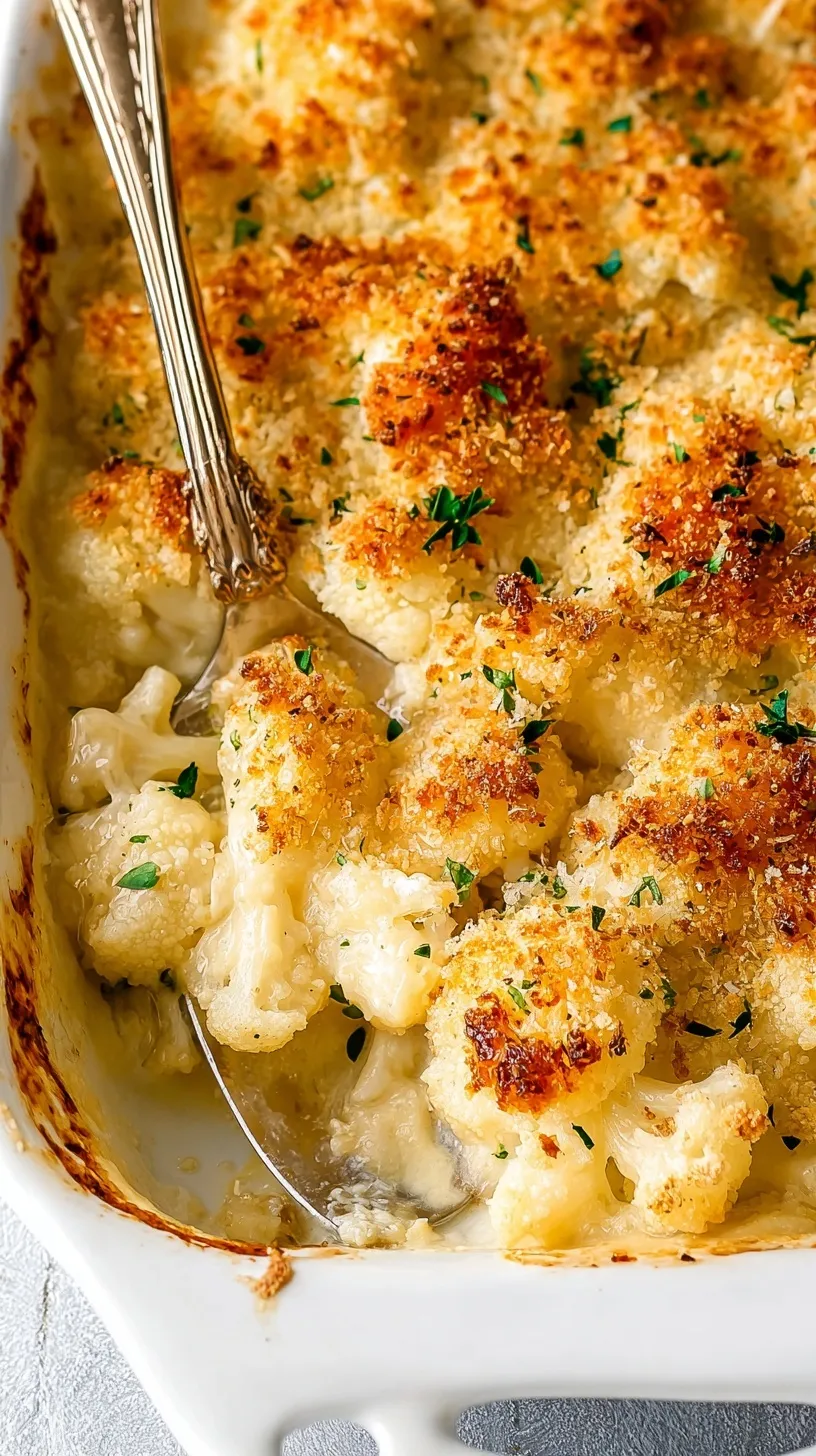 A golden brown cauliflower gratin in a white ceramic baking dish with bubbling cheese and panko topping.