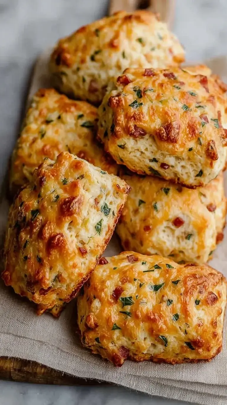 Golden brown cheddar and ham biscuits on a parchment-lined baking sheet