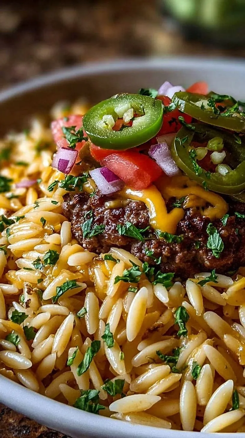 A skillet of creamy cheeseburger orzo topped with melted cheddar and diced pickles.