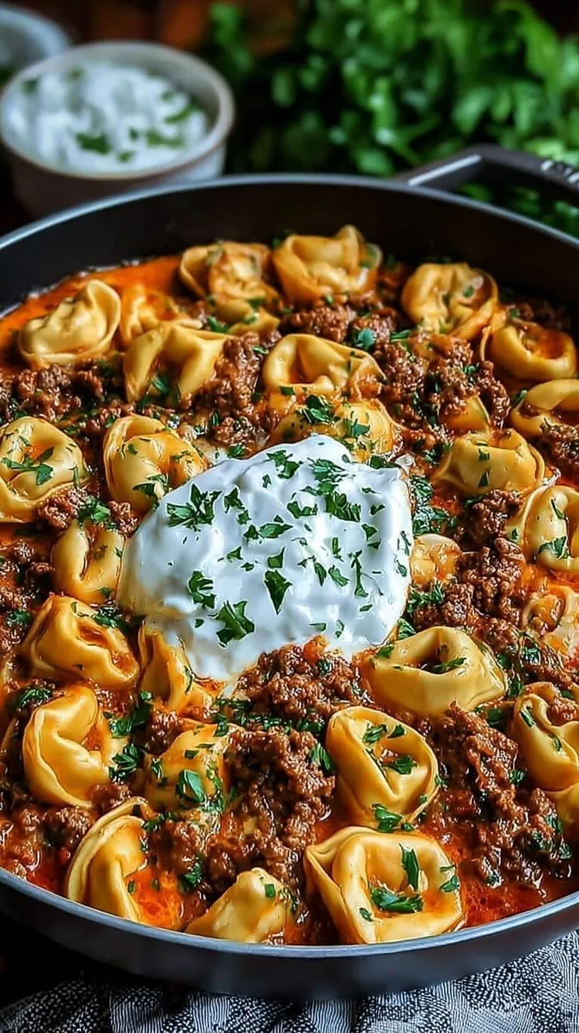 A skillet of cheesy beef enchilada tortellini garnished with fresh cilantro