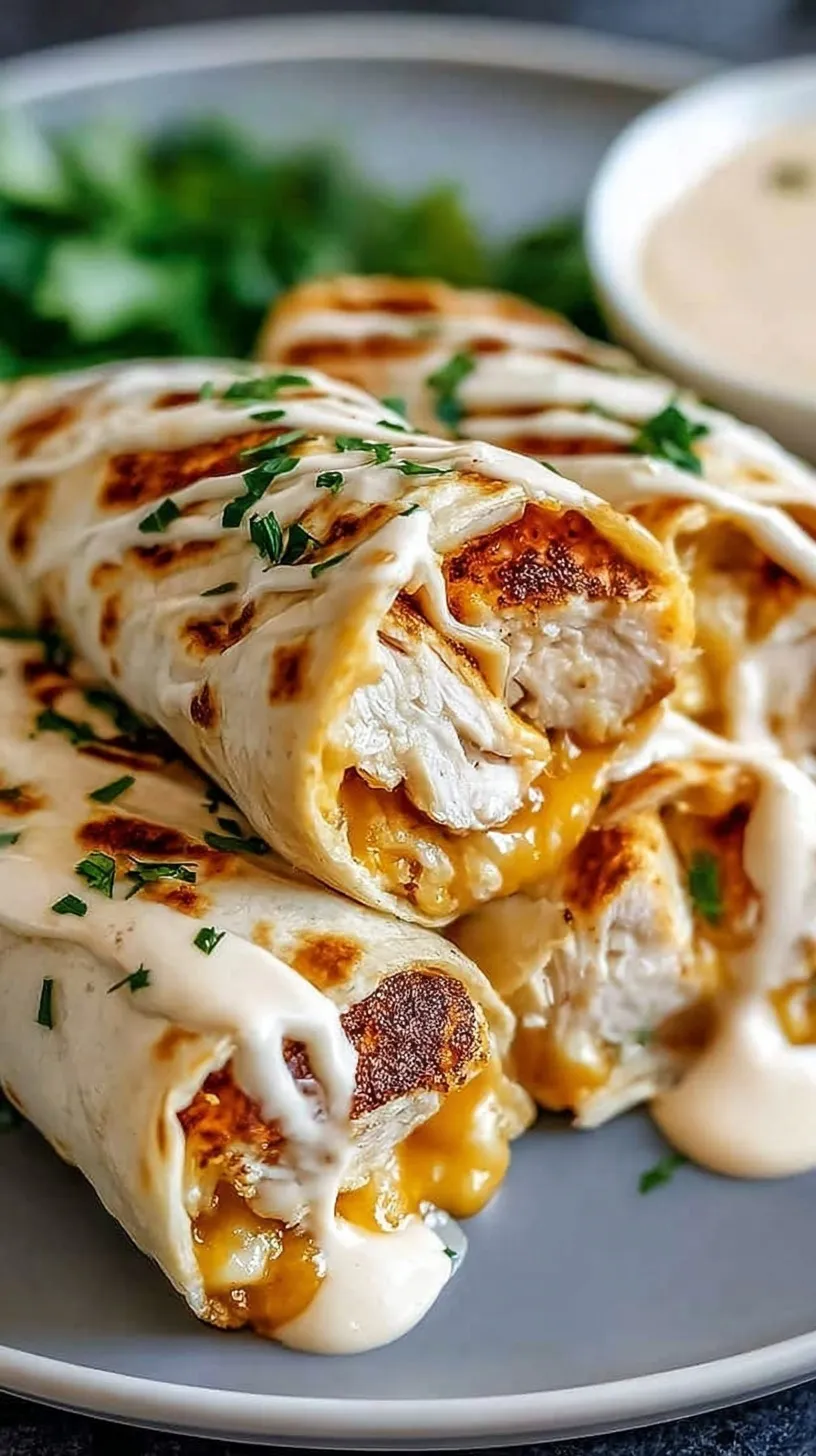 A fresh chicken wrap sliced in half showing melted cheese, seasoned chicken, and lettuce.