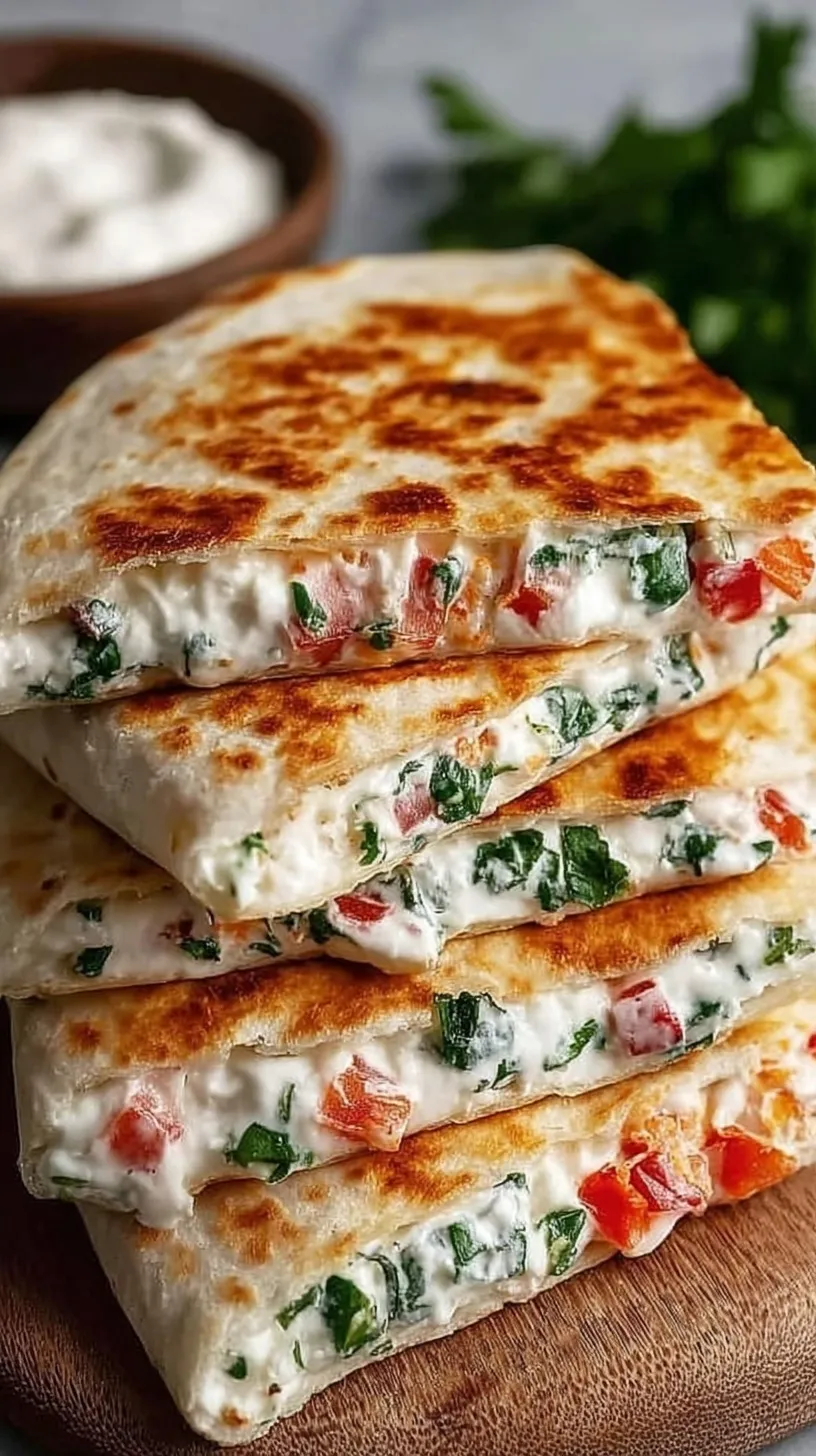 A golden brown Cheesy Mediterranean Quesadilla sliced into wedges showing melted cheese and spinach