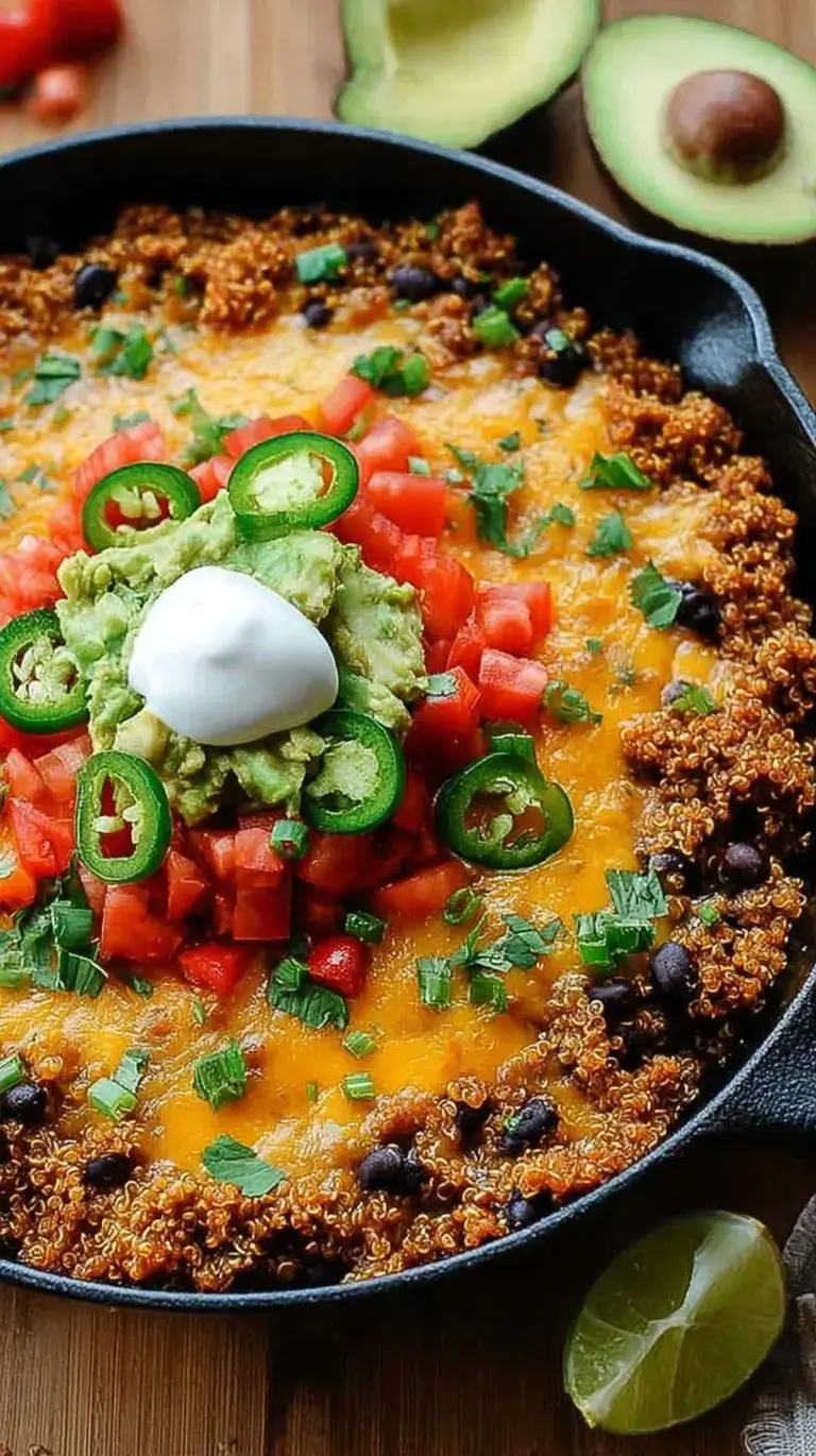 A deep skillet filled with fluffy quinoa, black beans, corn, and melted Mexican cheese garnished with fresh cilantro.
