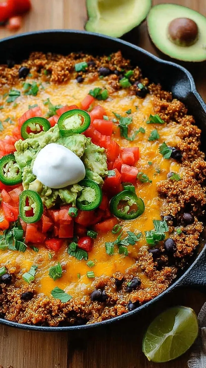 A deep skillet filled with fluffy quinoa, black beans, corn, and melted Mexican cheese garnished with fresh cilantro.
