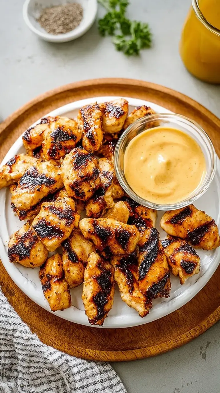 Golden charred grilled chicken nuggets on a plate with dipping sauce