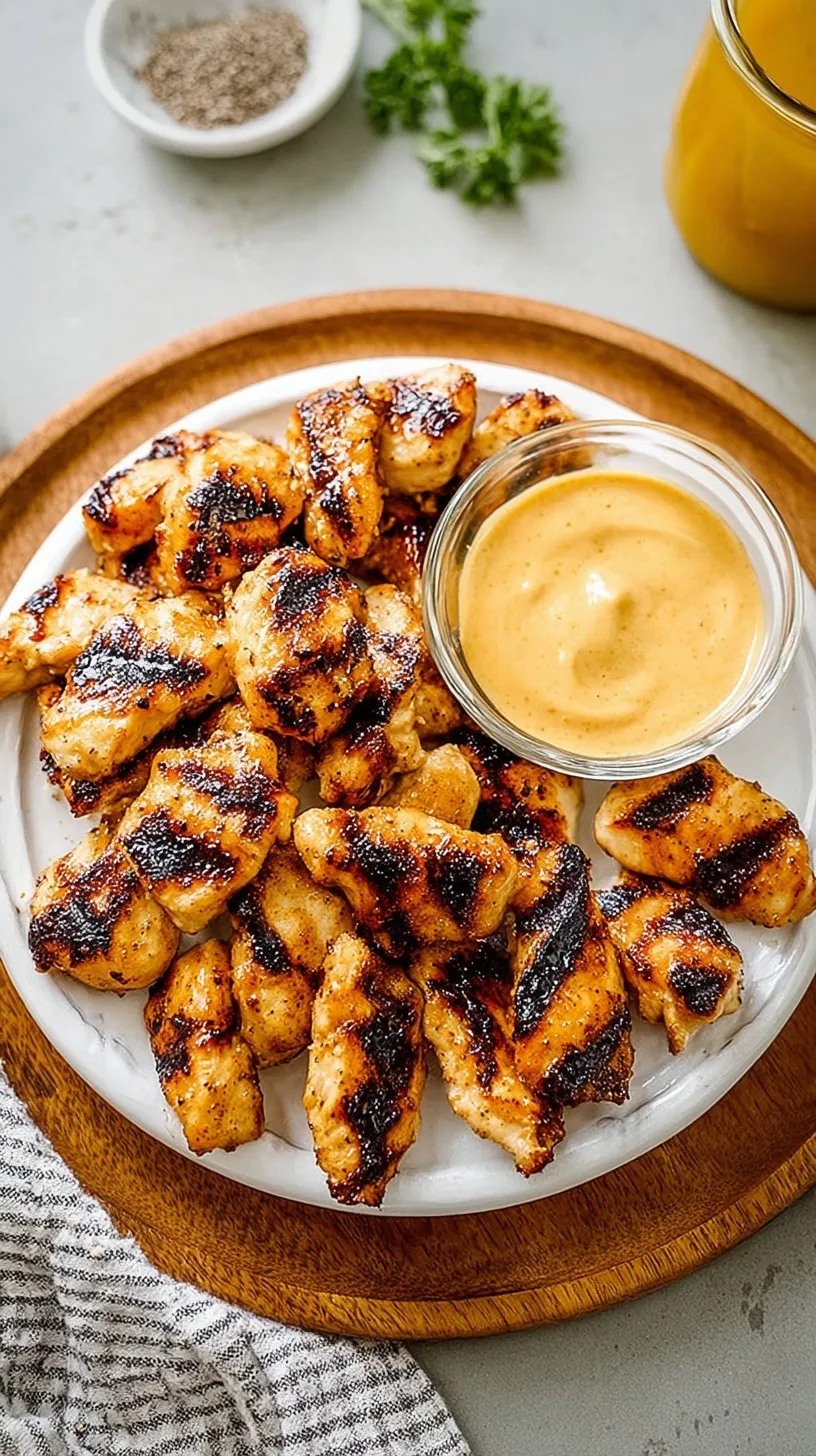 Golden charred grilled chicken nuggets on a plate with dipping sauce