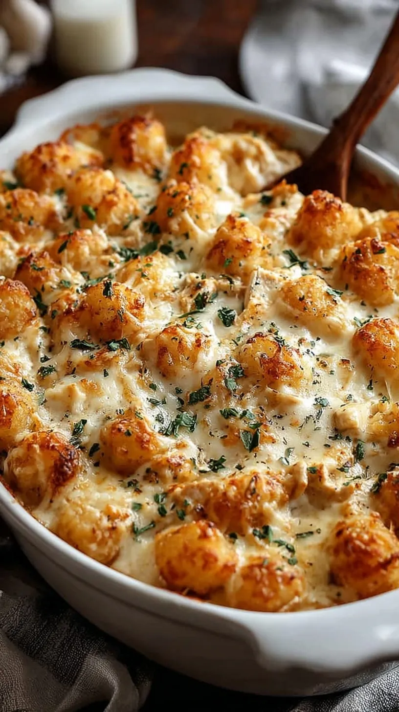 A golden brown Chicken Alfredo Tater Tot Casserole in a glass baking dish topped with melted cheese and parsley.