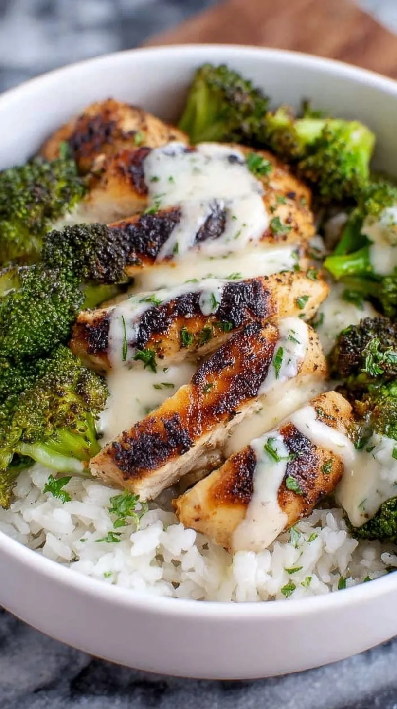 A bowl of jasmine rice topped with seared chicken and broccoli in a creamy white garlic sauce.