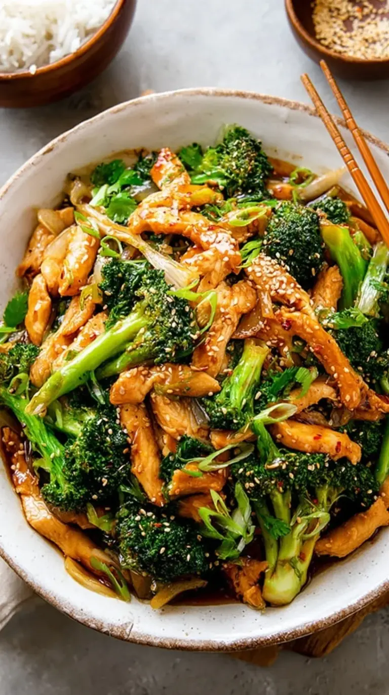A steaming bowl of tender chicken and bright green broccoli in a glossy brown sauce over white rice.