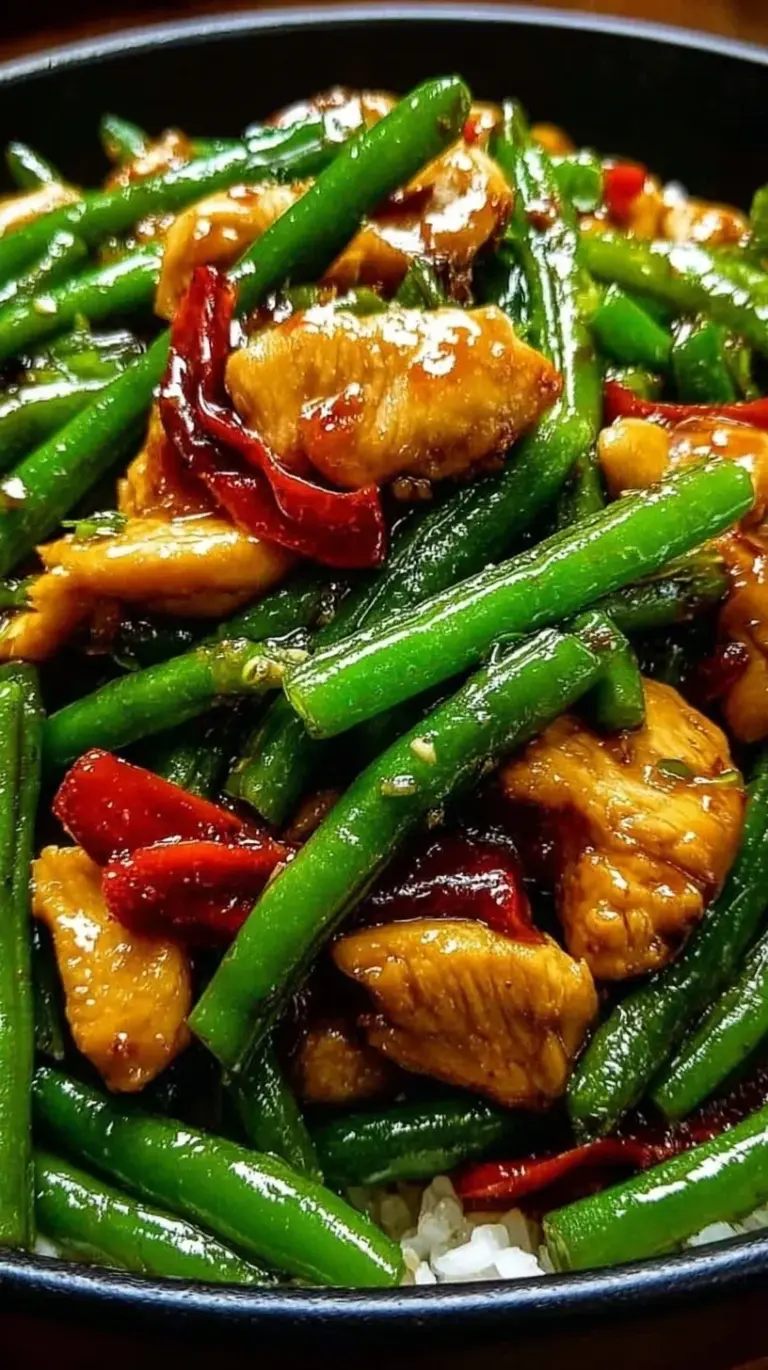 A skillet filled with tender chicken strips and bright green beans in a glossy brown sauce