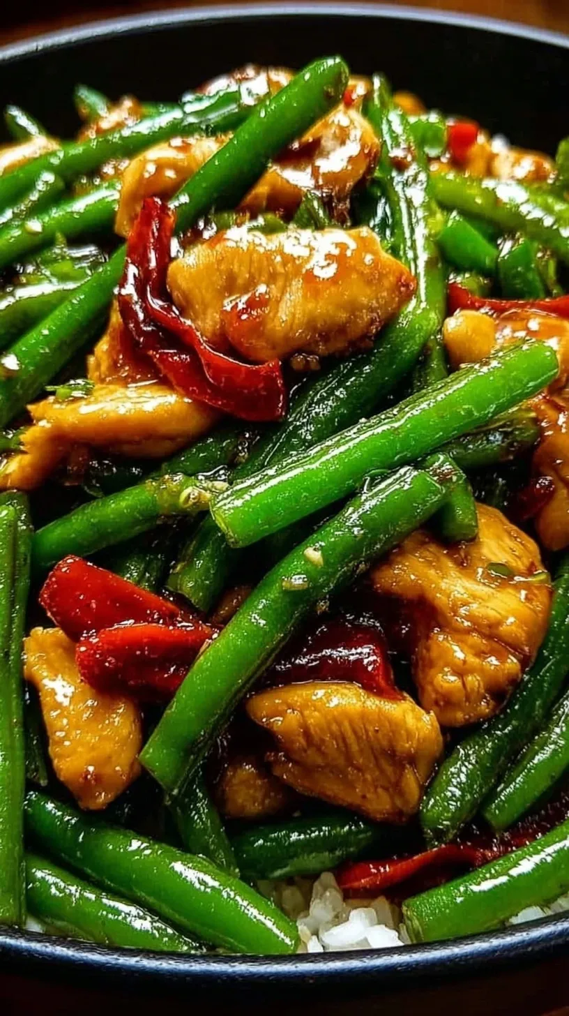 A skillet filled with tender chicken strips and bright green beans in a glossy brown sauce