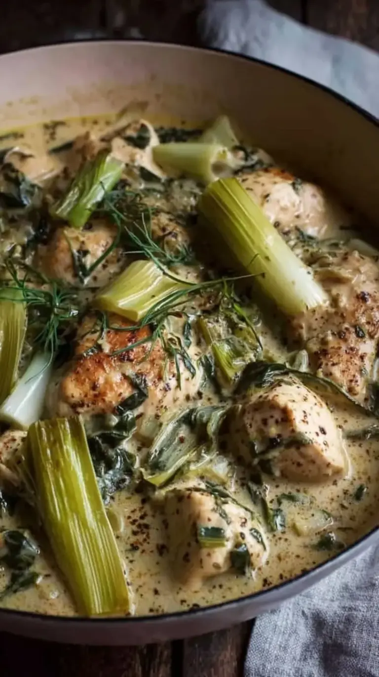 A skillet filled with golden chicken chunks and sliced leeks in a creamy white sauce topped with fresh parsley.