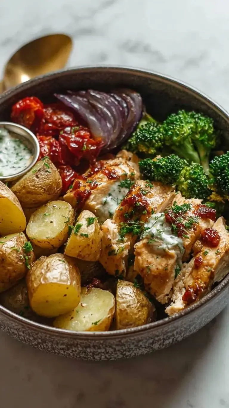 A vibrant meal bowl with golden roasted potatoes, seasoned chicken cubes, and wilted green spinach with a lemon wedge.