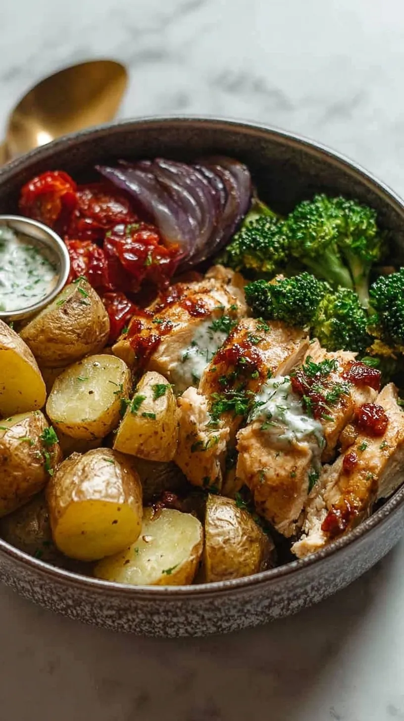A vibrant meal bowl with golden roasted potatoes, seasoned chicken cubes, and wilted green spinach with a lemon wedge.