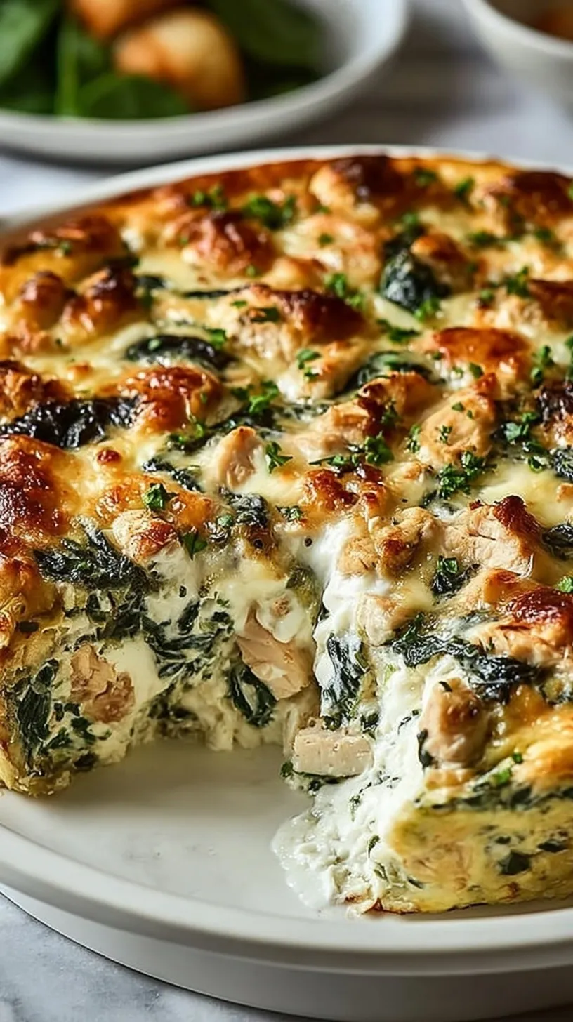 A golden-brown chicken and spinach casserole with melted mozzarella cheese in a white baking dish.