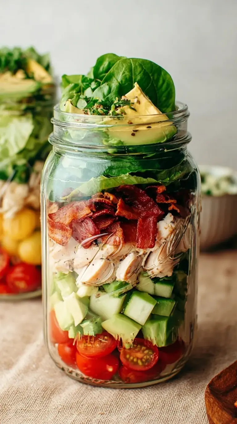 A layered mason jar salad with ranch dressing, tomatoes, chicken, bacon, and romaine lettuce