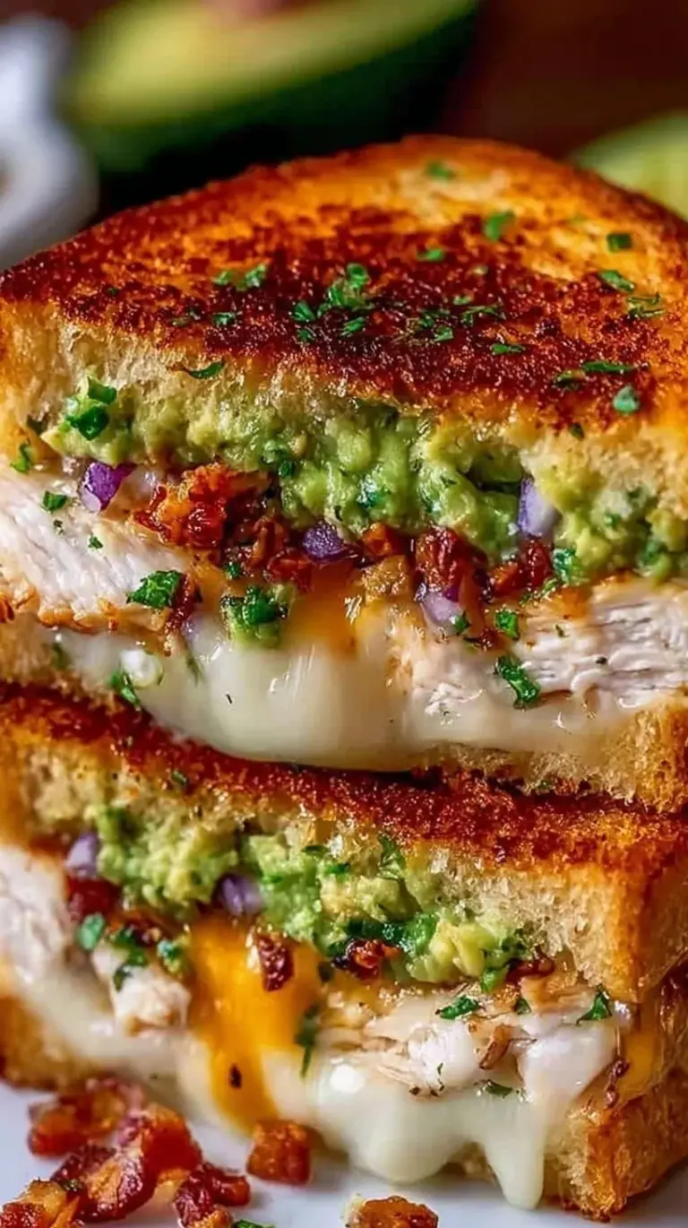 A golden brown Chicken Avocado Melt sandwich sliced in half with melted cheese and fresh avocado