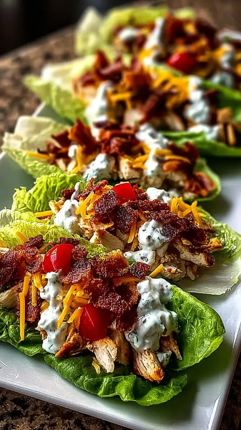Crisp green lettuce leaves filled with creamy chicken, bacon, and ranch topped with tomatoes.