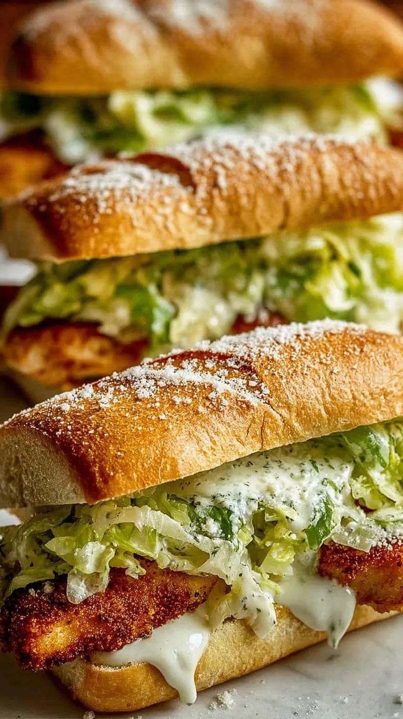 A grilled chicken caesar sandwich on toasted ciabatta with crisp romaine lettuce