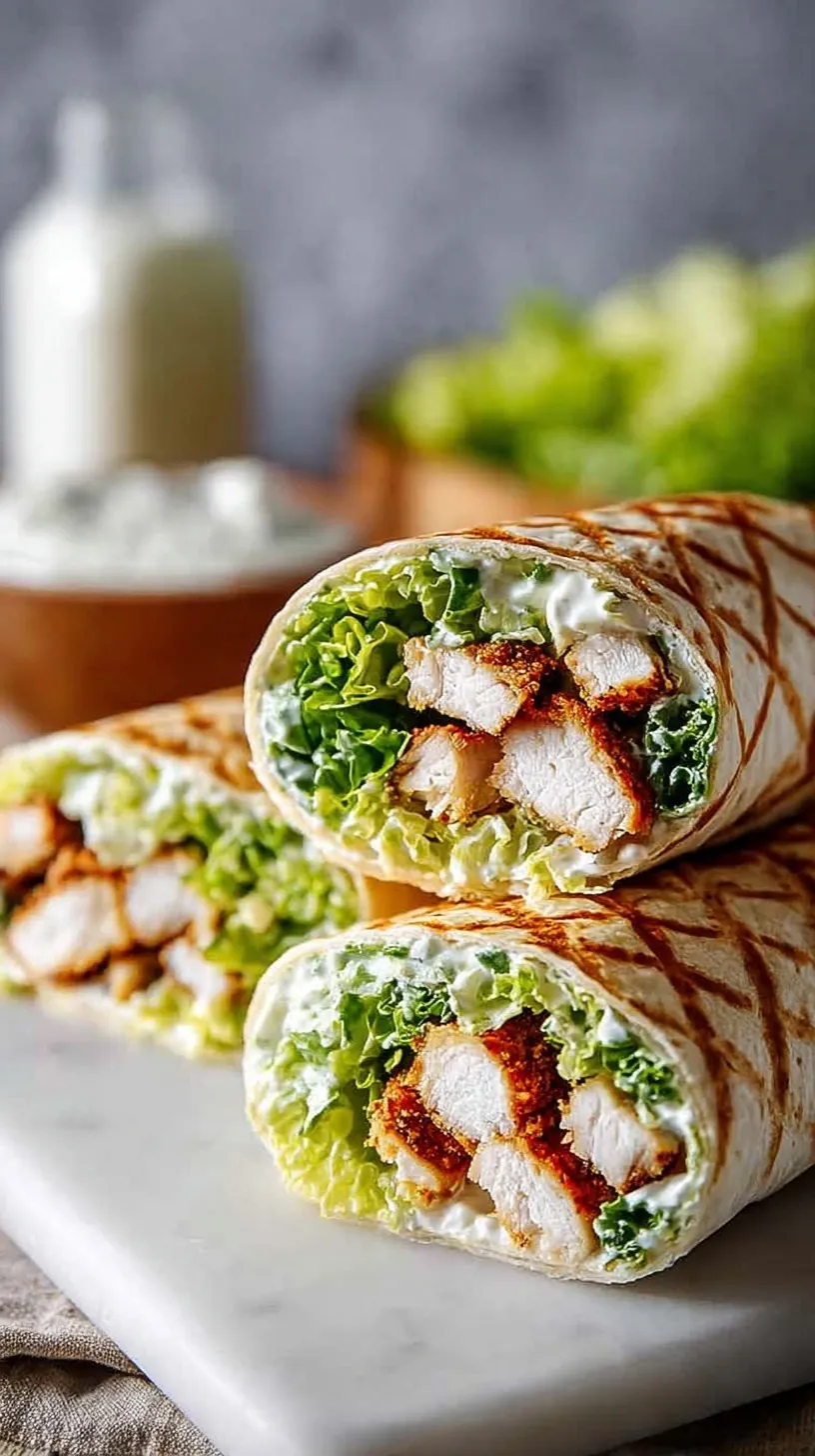 A sliced grilled chicken caesar wrap showing fresh romaine lettuce and creamy dressing