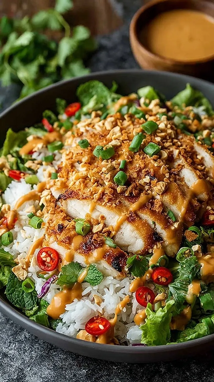 A vibrant bowl of Chicken Crispy Rice Salad with fresh herbs and golden rice nuggets