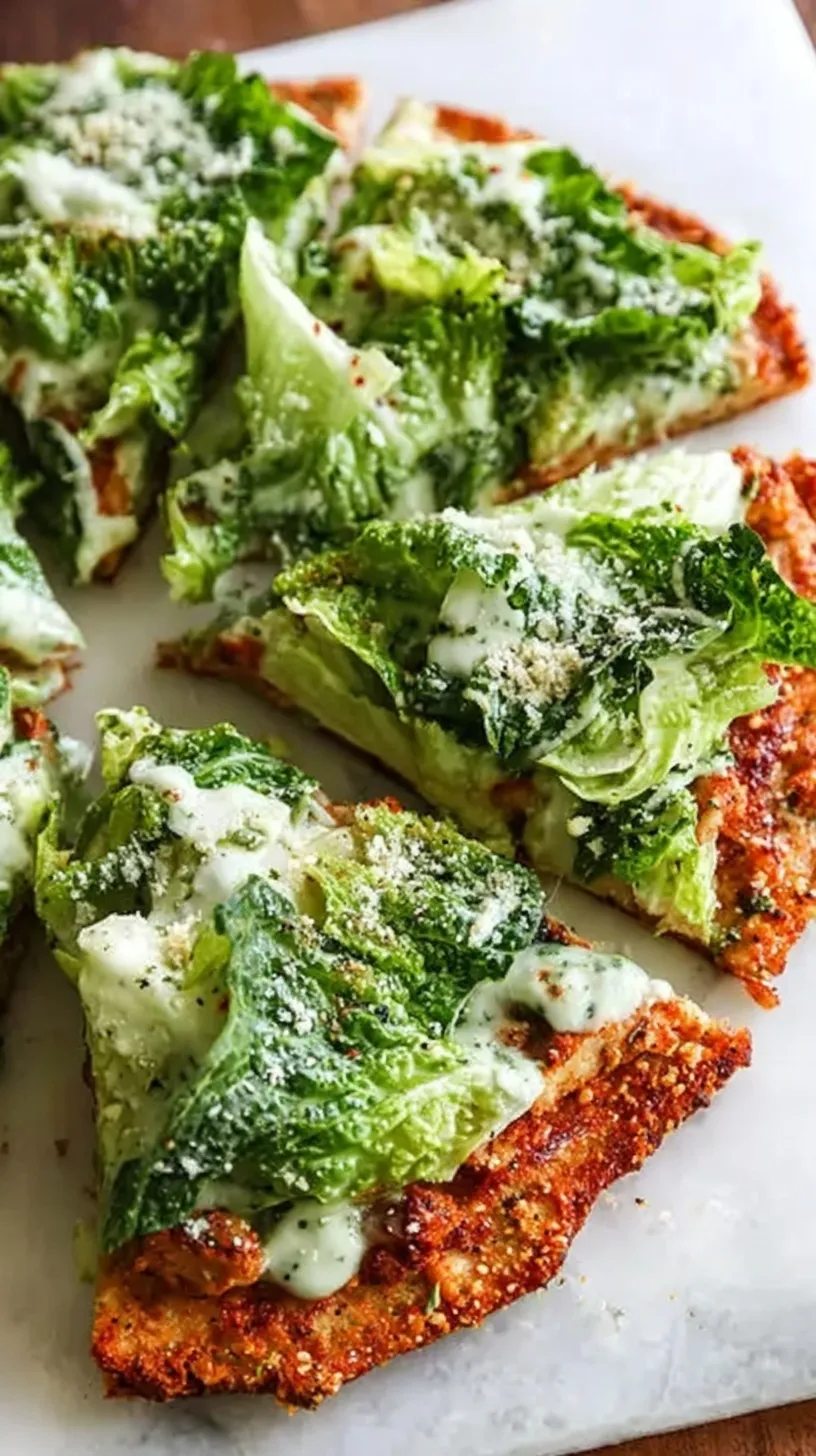 A golden chicken pizza crust topped with fresh green caesar salad and shaved parmesan cheese.