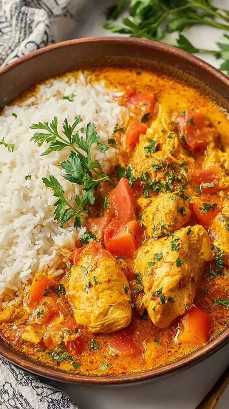 A bowl of creamy chicken curry garnished with fresh cilantro.