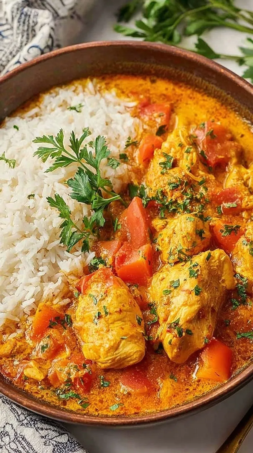 A bowl of creamy chicken curry garnished with fresh cilantro.